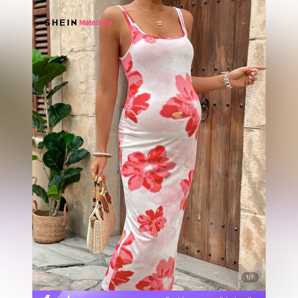 Maternity Pink and Red floral maxi dress
